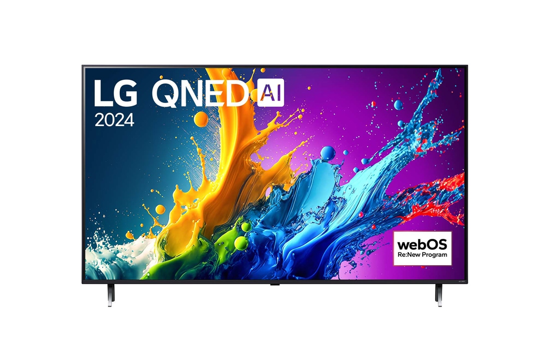 LG 55 Zoll 4K LG QNED AI Smart TV QNED80, Front view of LG QNED TV, QNED80 with text of LG QNED and 2024 on screen, 55QNED80T6A