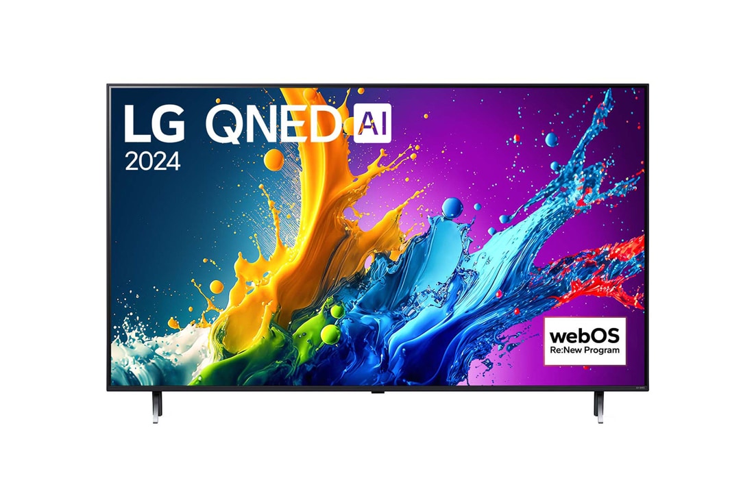 LG 43 Zoll 4K LG QNED AI Smart TV QNED80, Front view of LG QNED TV, QNED80 with text of LG QNED and 2024 on screen, 43QNED80T6A