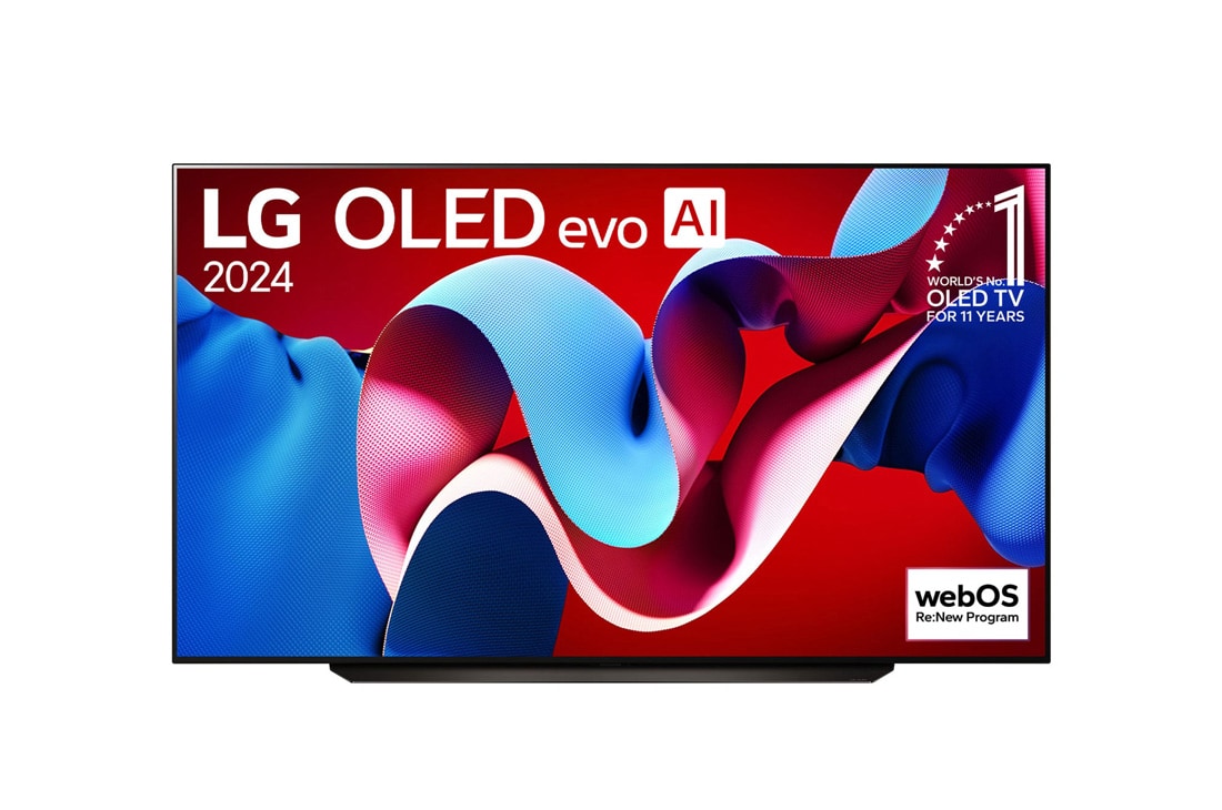 LG 83 Zoll LG OLED evo AI C4 4K Smart TV OLED77C4, Ansicht der Vorderseite des LG OLED evo AI TV, OLED C4. Auf dem Bildschirm befinden sich das OLED-Gütesiegel „Seit 11 Jahren weltweit die Nummer 1“ und das „webOS Re:New“-Logo, OLED83C44LA