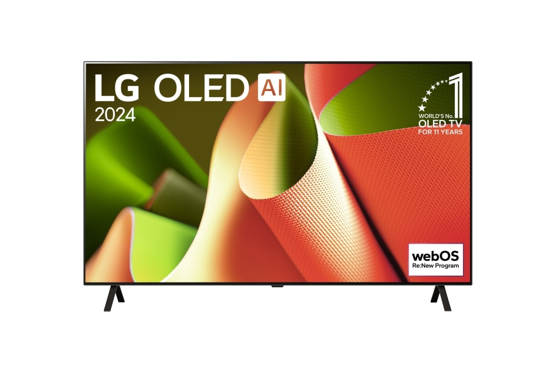 LG 48 Zoll 4K LG OLED AI Smart TV B4, Ansicht der Vorderseite des LG OLED TV, OLED AI B4 mit zweipoligem Standfuß. Auf dem Bildschirm befinden sich das OLED-Gütesiegel „Seit 11 Jahren weltweit die Nummer 1“ und das „webOS Re:New“-Logo., OLED48B49LA