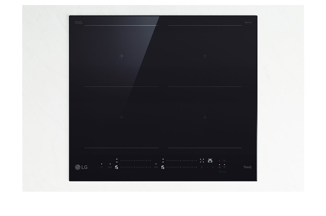 LG 60cm Induction Cooktop, 4 Cooking Zones incl. 2 Flexi – with Power Boost, front view, BCI607B4BG