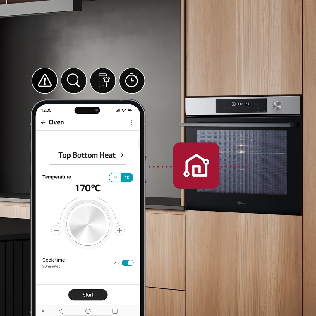 This is an image where icons expressing timers and push notification functions are connected between the smart phone and the oven.