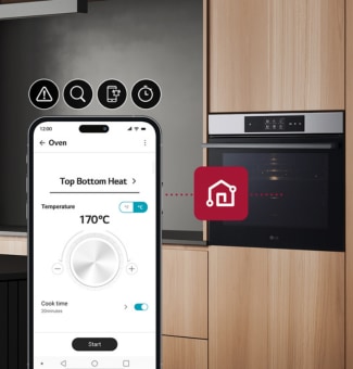 This is an image where icons expressing timers and push notification functions are connected between the smart phone and the oven.