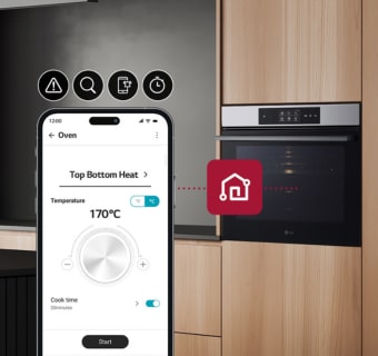 This is an image where icons expressing timers and push notification functions are connected between the smart phone and the oven.