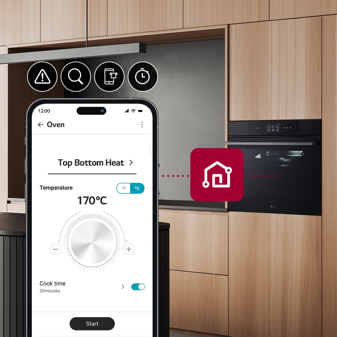 This is an image where icons expressing timers and push notification functions are connected between the smart phone and the oven.