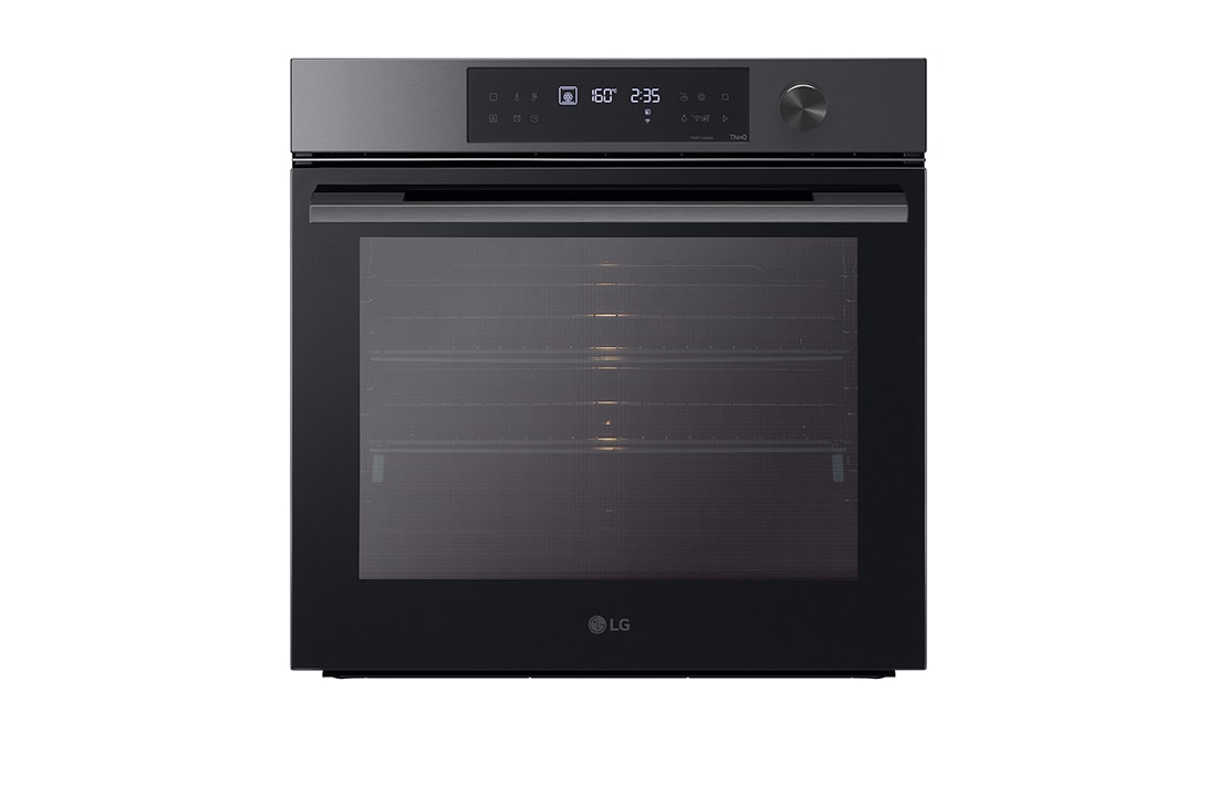 LG SERIES 7 – 76L InstaView Pyrolytic Oven with Blue EasyClean™, Black Stainless Steel , Full Steam_Front_LightOn, BO607G2MB4