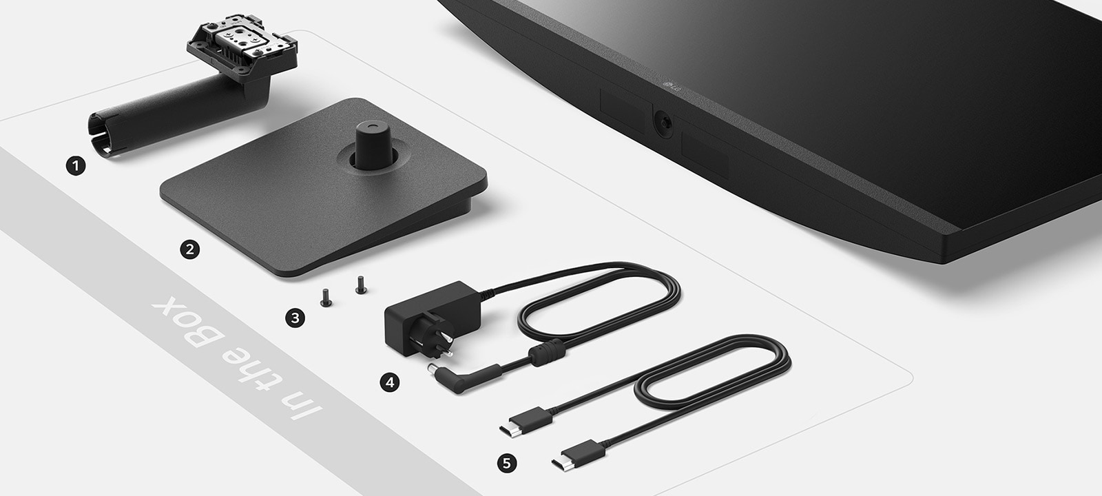 Stand body, Stand base, Screw, Adapter+Power code and HDMI cable in the box.