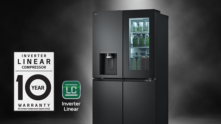 Refrigerator with 10yr parts warranty icon on black background