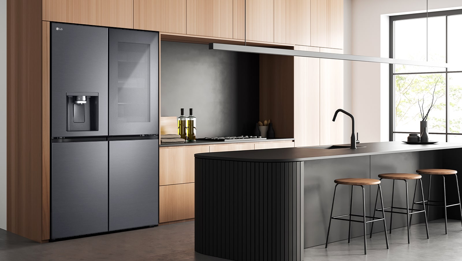 Modern kitchen interior with InstaView fridge.