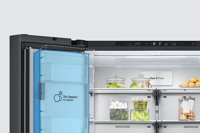 Inside the refrigerator, a slim indoor ice maker is highlighted in blue and the refrigerator is full of ingredients