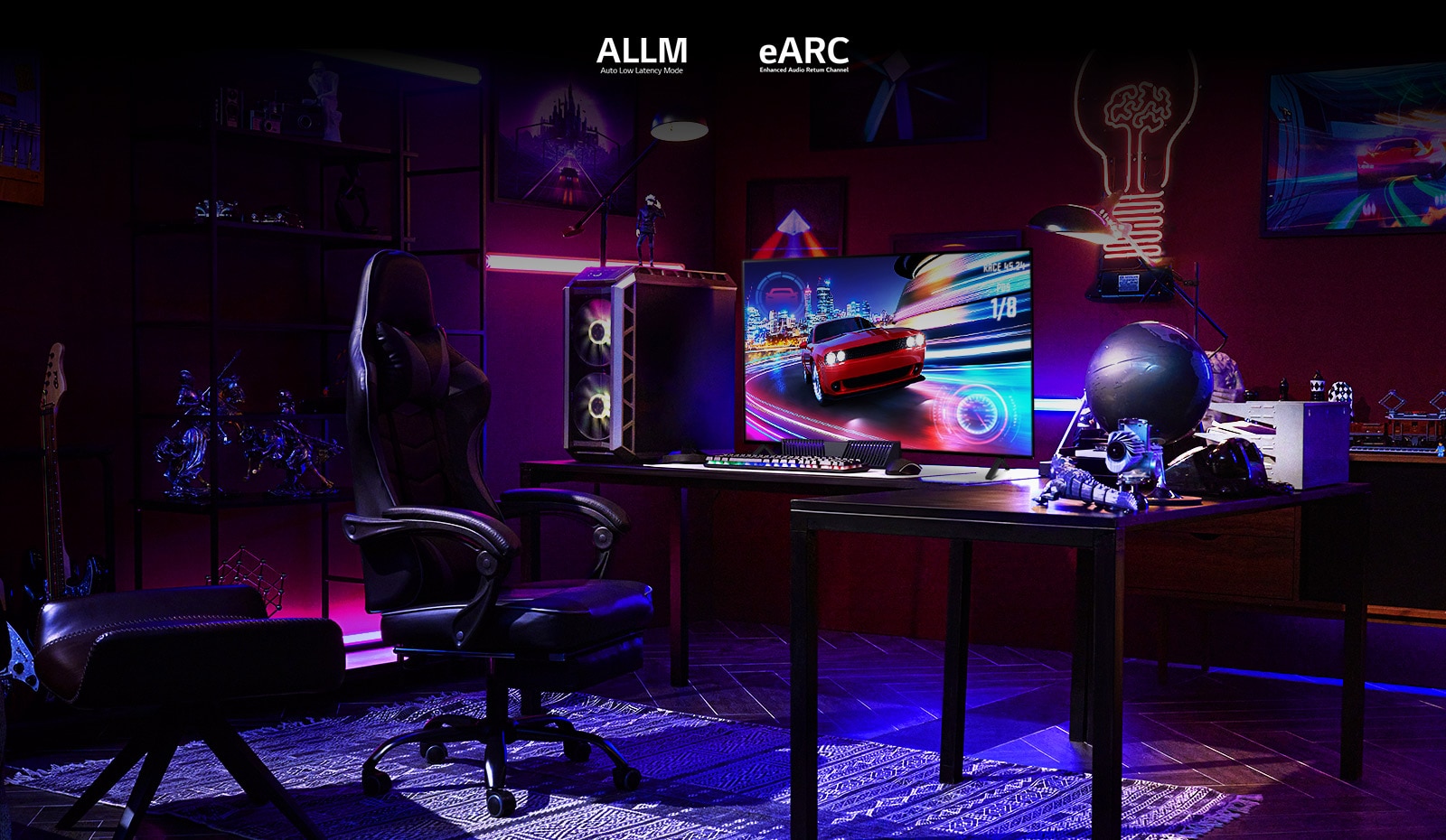 A guy plays a driving game in a game room with pink, blue, and purple RGB lighting and a collection of action figures.