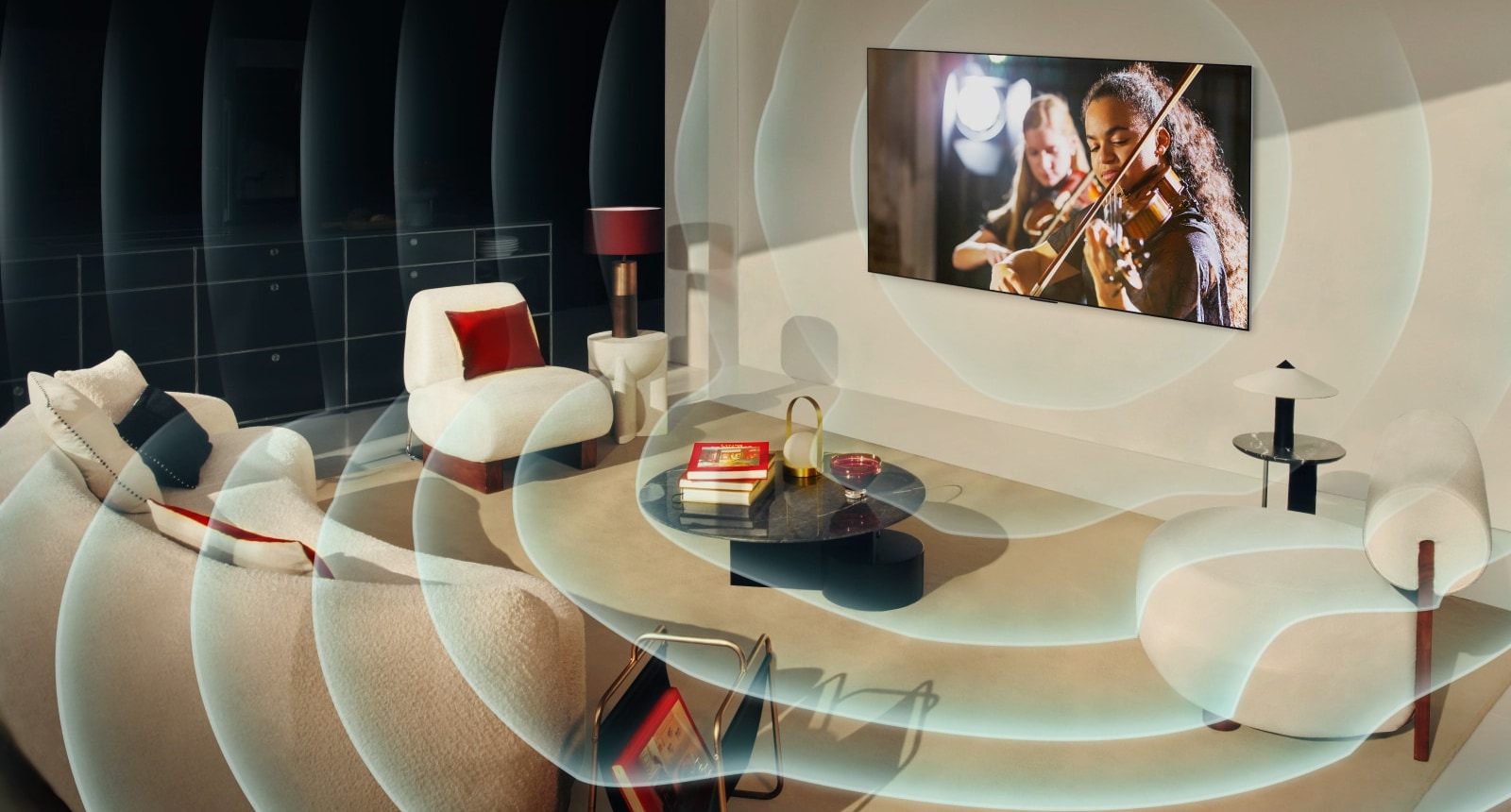 A video shows an LG OLED TV in a modern city apartment. A grid overlay appears over the image like a scan of the space, and then blue soundwaves project from the screen, perfectly filling the room with sound.