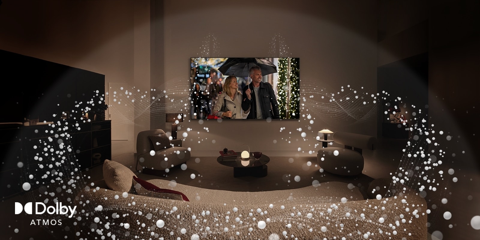 An image of a cozy, dimly lit living space. A scene is being shown on TV where a couple is using an umbrella, and bright circle graphics surround the room. Dolby atoms logo in the bottom left corner.