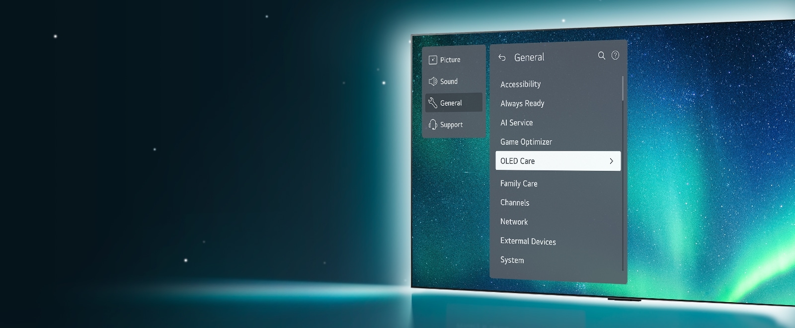 OLED TV is standing majestically on the right side of the image and the background is shimmering like the night sky. As white lights are shining from the back of the TV. The Support menu is up on the screen, and the OLED Care menu is selected.