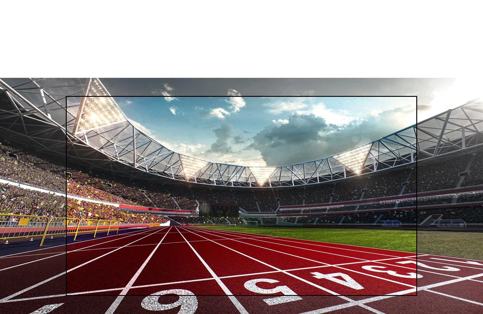 TV screen showing a stadium with a view of the running track up close. Stadium is filled with spectators.