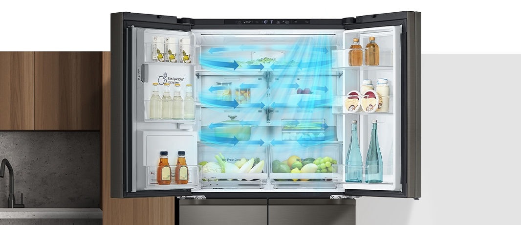 Inside the refrigerator filled with ingredients, blue arrows, which mean cold, are displayed below, on both sides, and on the whole.