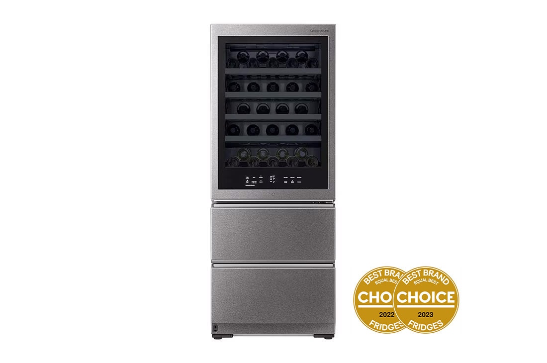 LG SIGNATURE 65 Bottle Wine Cellar, with InstaView®, front light on food, SG-W65TSL