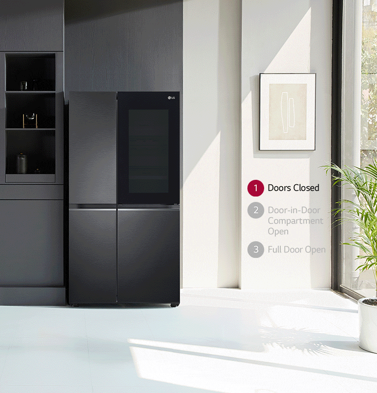 Fridge in modern kitchen with 4 doors closed. Cycles to top right hand Door-in-Door compartment opening, revealing easy reach items, then full right hand side door opening revealing inside fridge filled with colourful items.