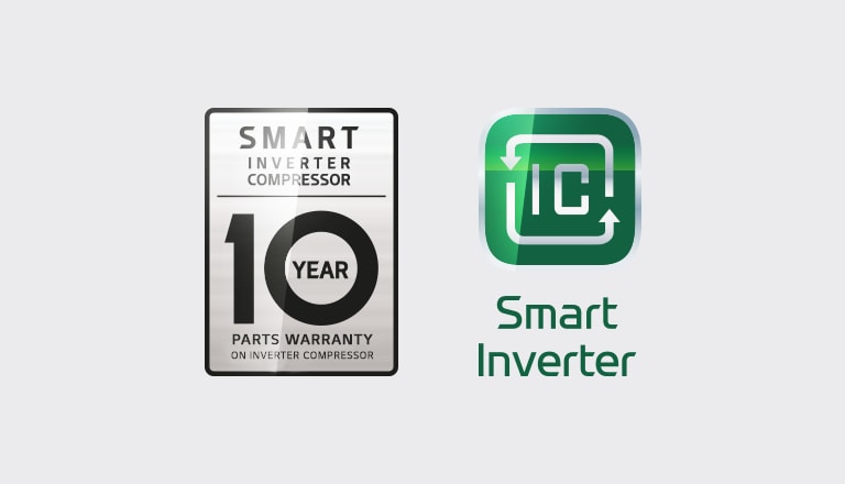 The 10 Year Warranty for the Smart Inverter Compressor logo is next to the Smart Inverter  logo.
