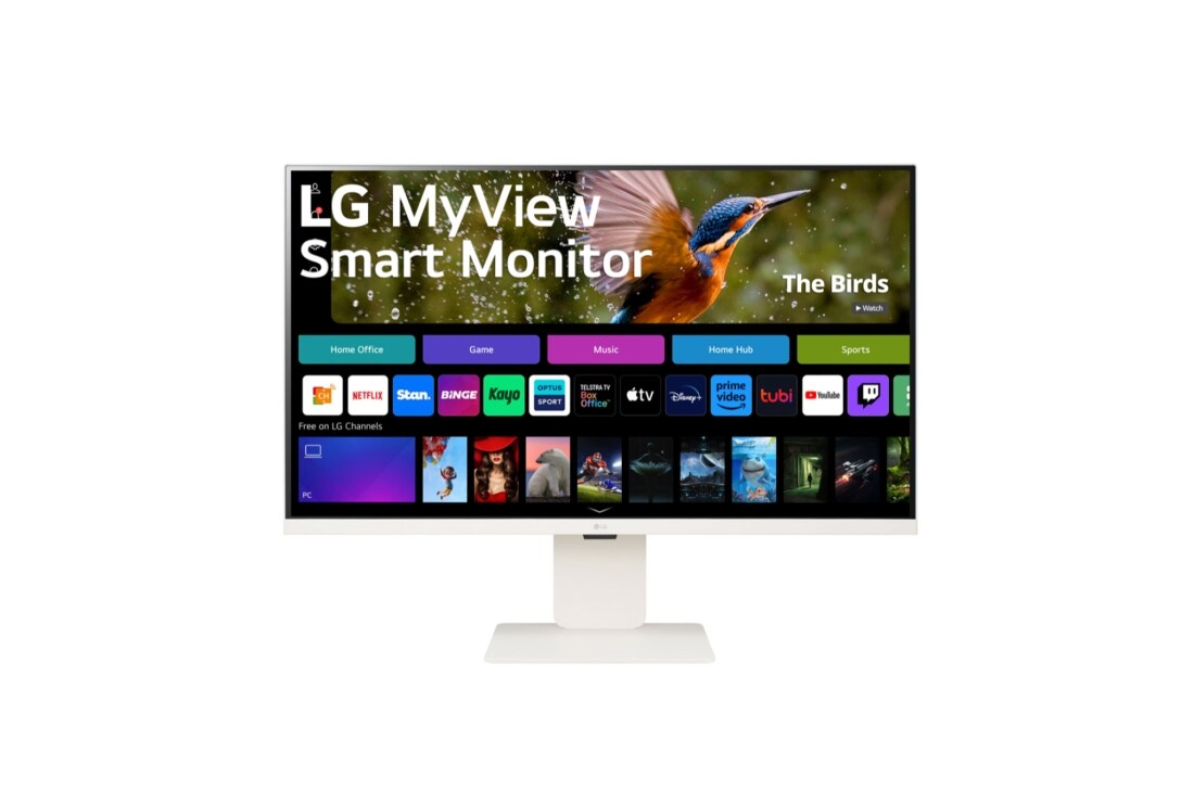 LG MyView 32'' 4K UHD IPS Smart Monitor with webOS, Front view with remote, 32SR83U-W