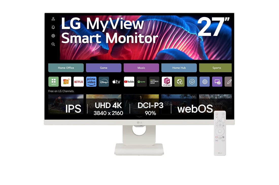 LG MyView Smart 27” 4K UHD IPS with webOS, front view with remote control, 27SR73U-W