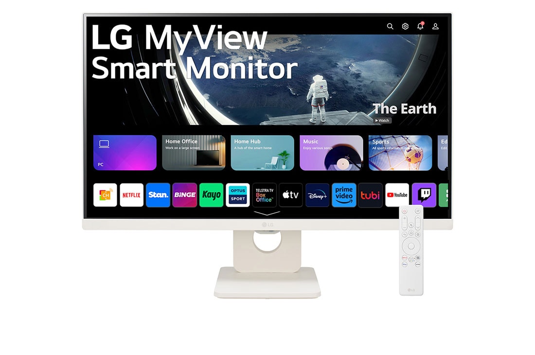LG MyView 25'' Full HD IPS Smart Monitor with webOS, front view with remote control, 25SR50F-W