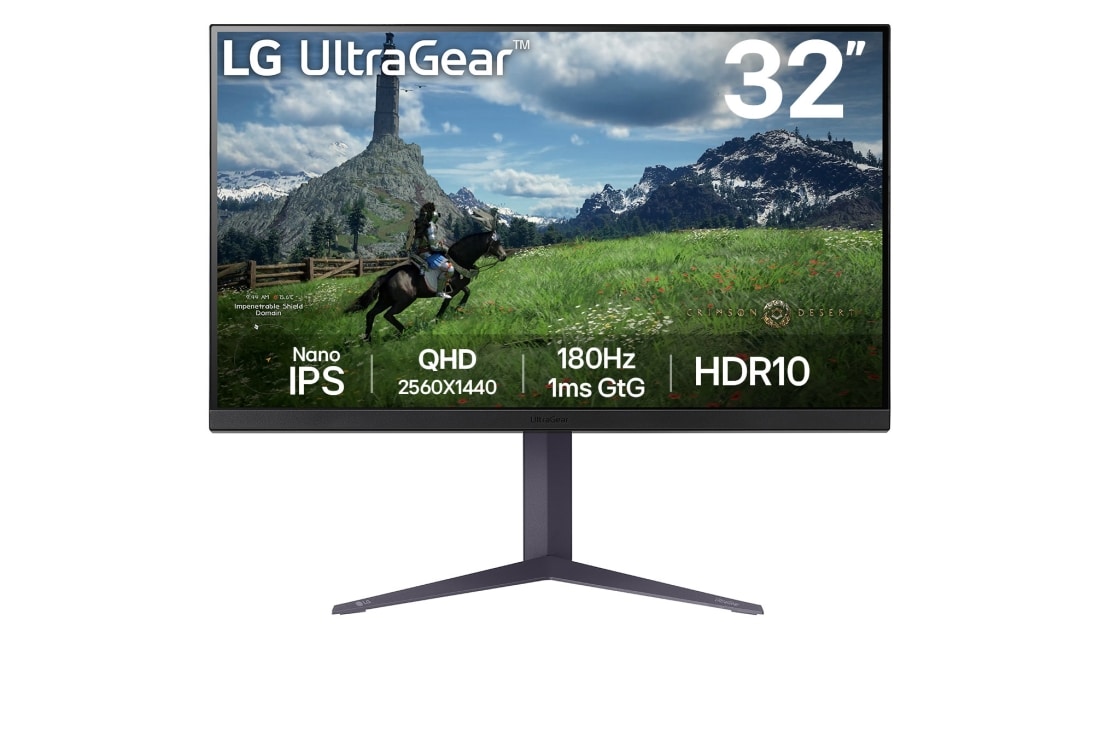 LG 32” UltraGear™ QHD Nano IPS 180Hz gaming monitor | 1ms (GtG), HDR10, front view, 32GS85Q-B