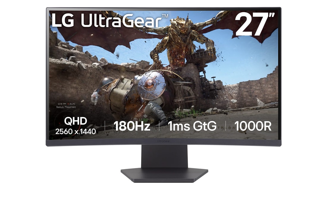 LG 27” UltraGear™ 1000R curved gaming monitor | QHD, 1ms (GtG), 180Hz, front view, 27GS60QC-B