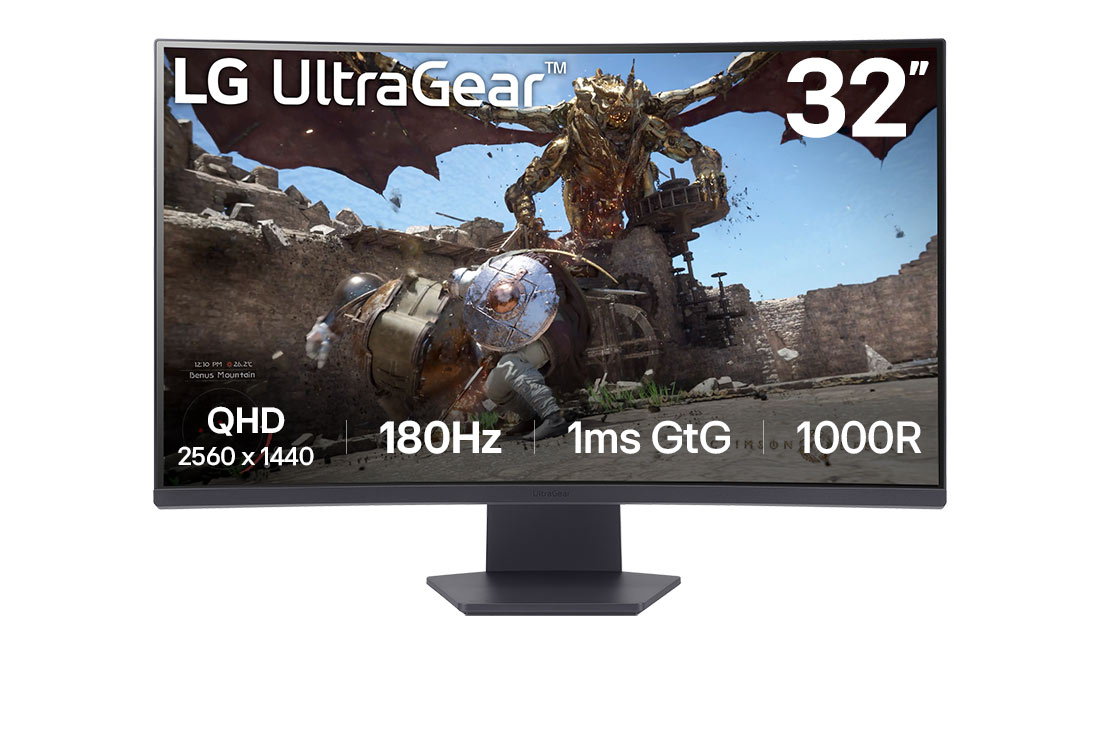 LG 32” UltraGear™ 1000R curved gaming monitor | QHD, 1ms (GtG), 180Hz, front view, 32GS60QC-B
