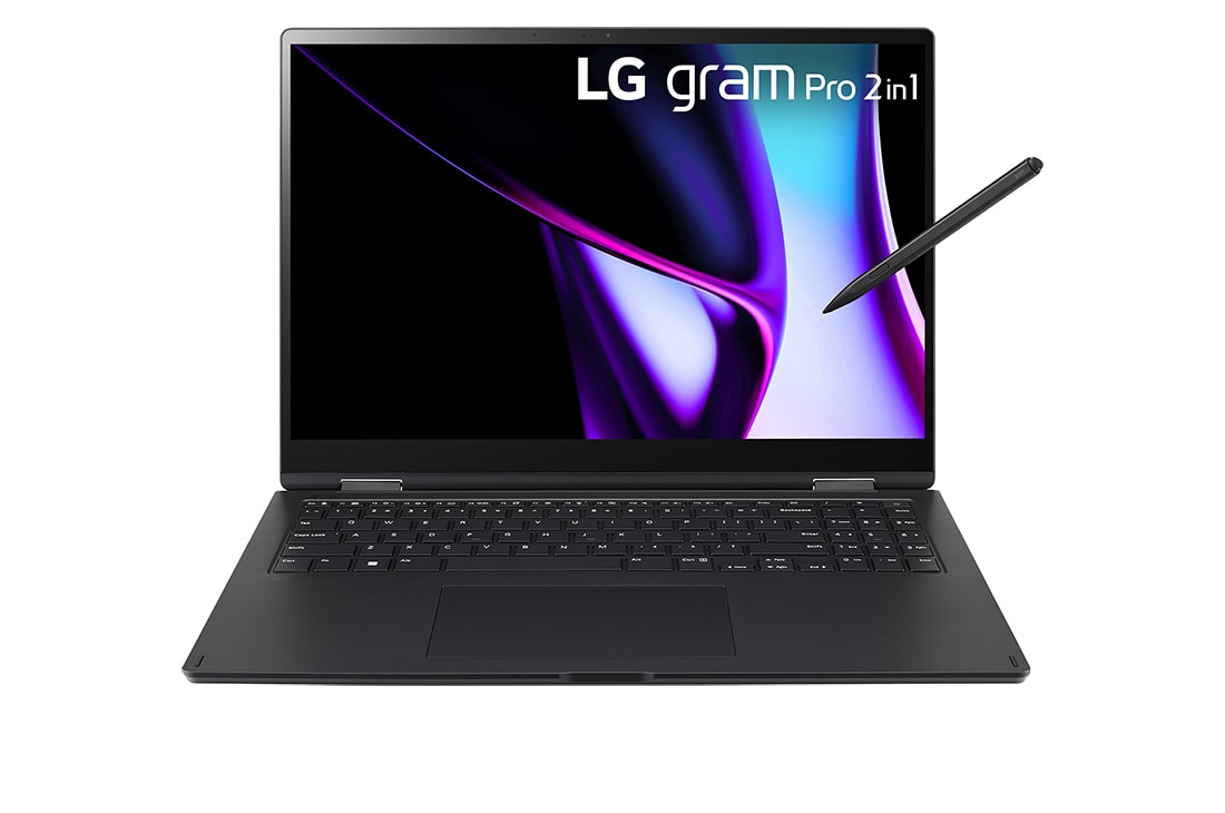 LG gram Pro 16” 2in1 | Ultra-light & superslim | 16:10 display touchscreen | Windows 11 Pro | Intel® Core™ Ultra 5 Processor, Front view with keyboard, 16T90SP-G.AP55A