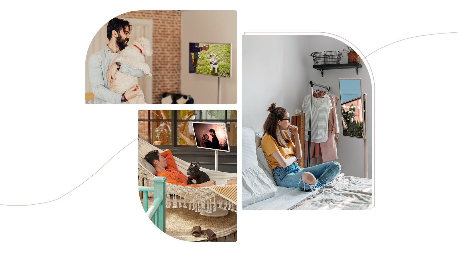 Three collage of lifestyle images of different people watching TV happily during their downtime.