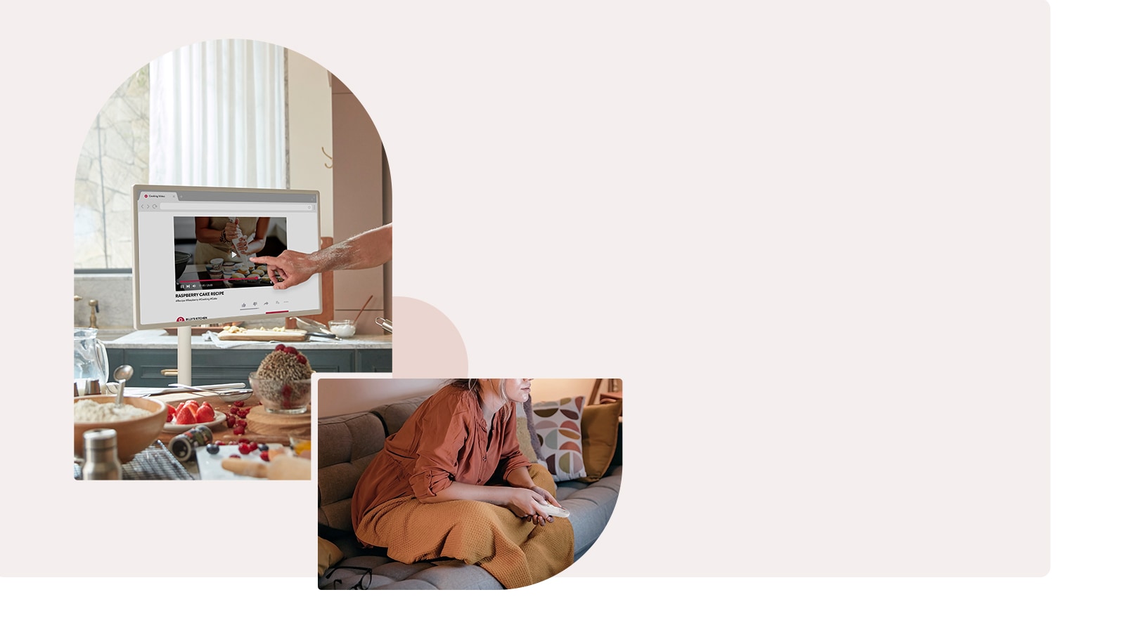 One image on the left shows the close up of a TV placed in kitchen – a man is touching the screen while cooking. Another image on right shows a woman watching TV with holding remote control in her hands.