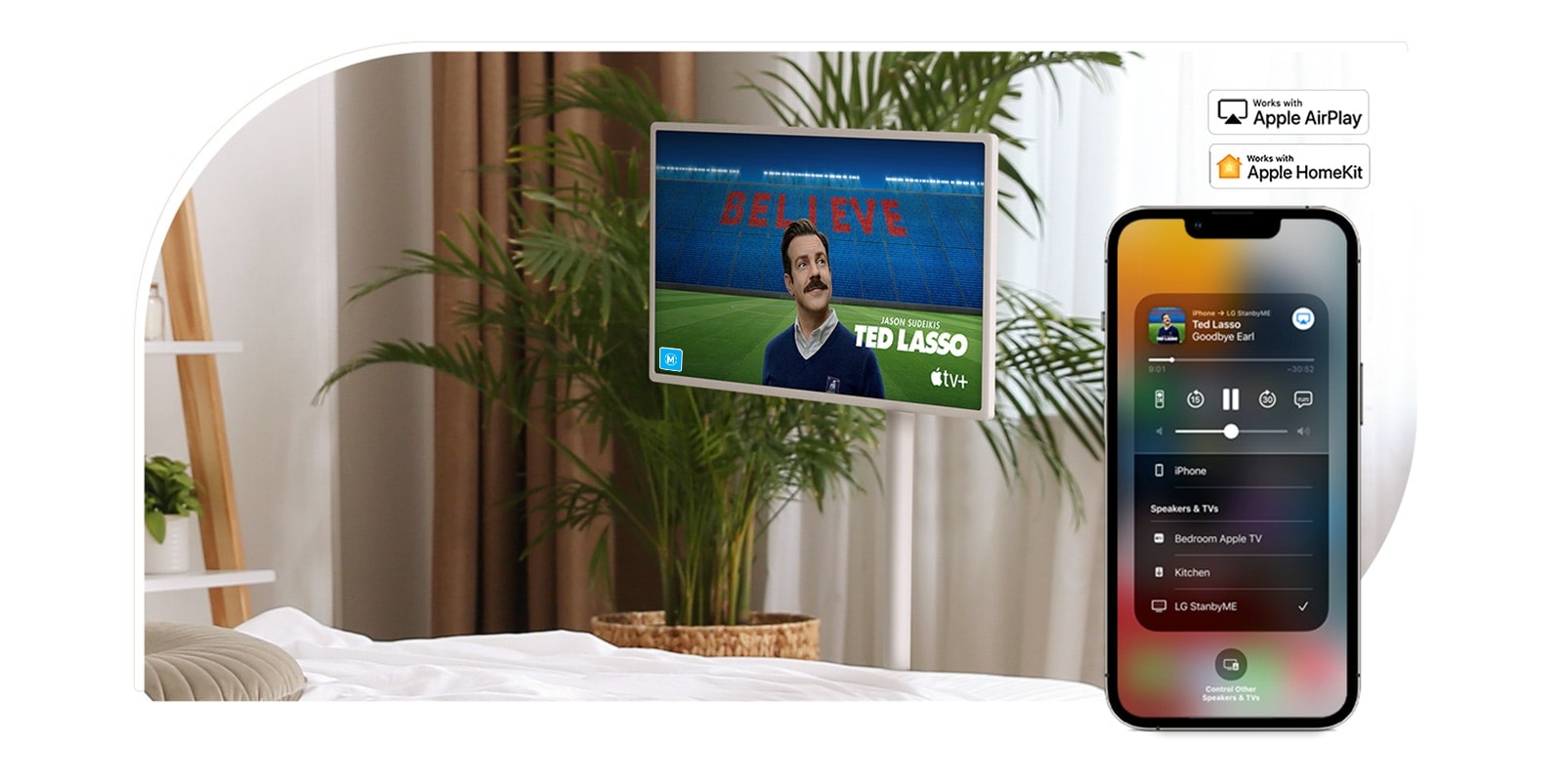 A TV is placed in cozy bedroom and the screen shows TV show – TED LASSO. There is a mobile device on the same image that shows AirPlay UI in its screen. There are Apple AirPlay logo and Apple HomeKit logo placed on right top corner of image.