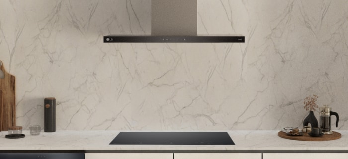 The LG built-in induction cooktop and hood installed in the kitchen.