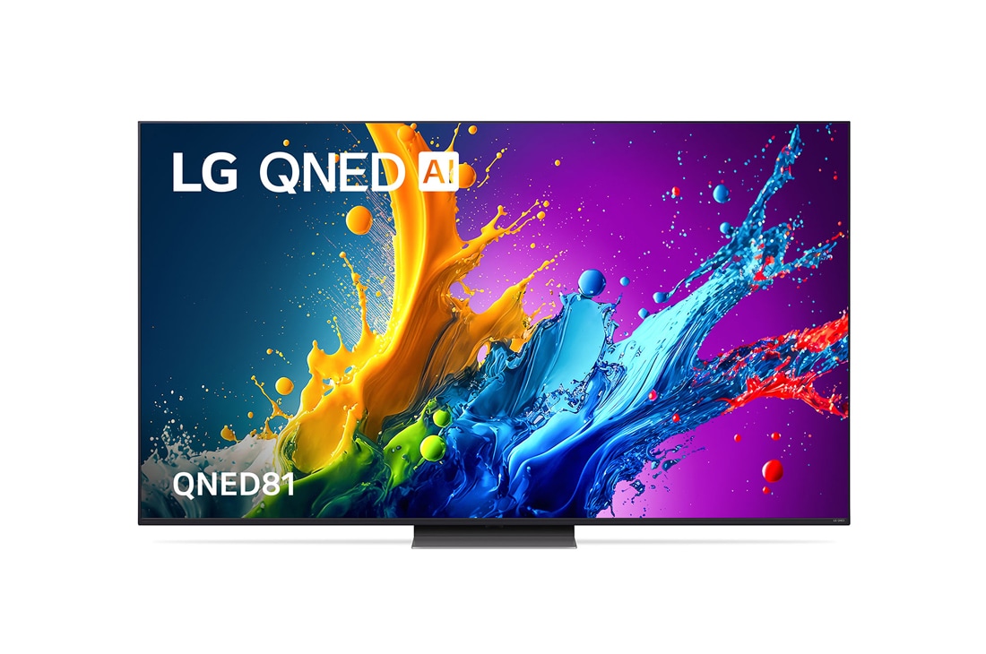 LG 86 inch LG QNED81 4K Smart TV, Front view of LG QNED TV, QNED80 with text of LG QNED and 2024 on screen, 86QNED81TSA