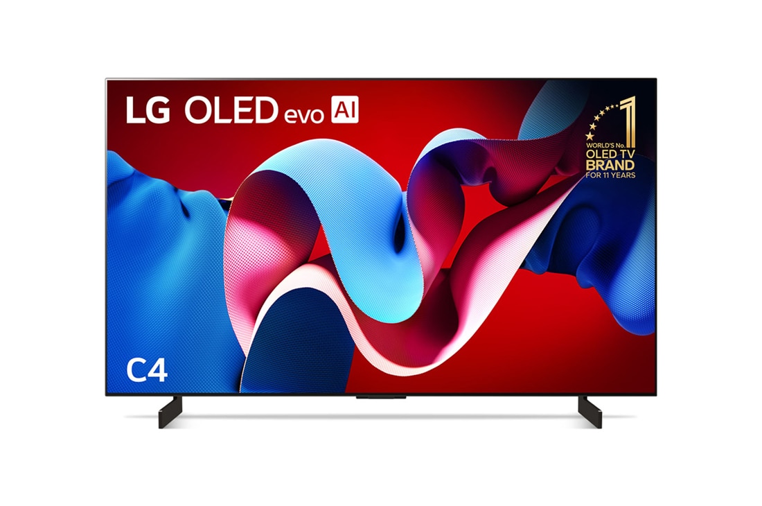LG 42 inch LG OLED evo C4 4K Smart TV, Front view with LG OLED evo and 11 Years World No.1 OLED Emblem on screen, OLED42C4PSA