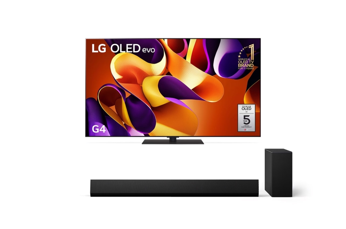 LG 65 inch LG OLED evo AI G4 4K Smart TV & G Series Sound Bar SG10TY, FRONT VIEW, OLED65G4PSA.SG10TY