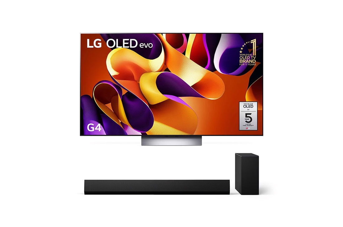 LG 77 inch LG OLED evo G4 4K Smart TV & G Series Sound Bar SG10TY, front view, OLED77G4PSA.SG10TY