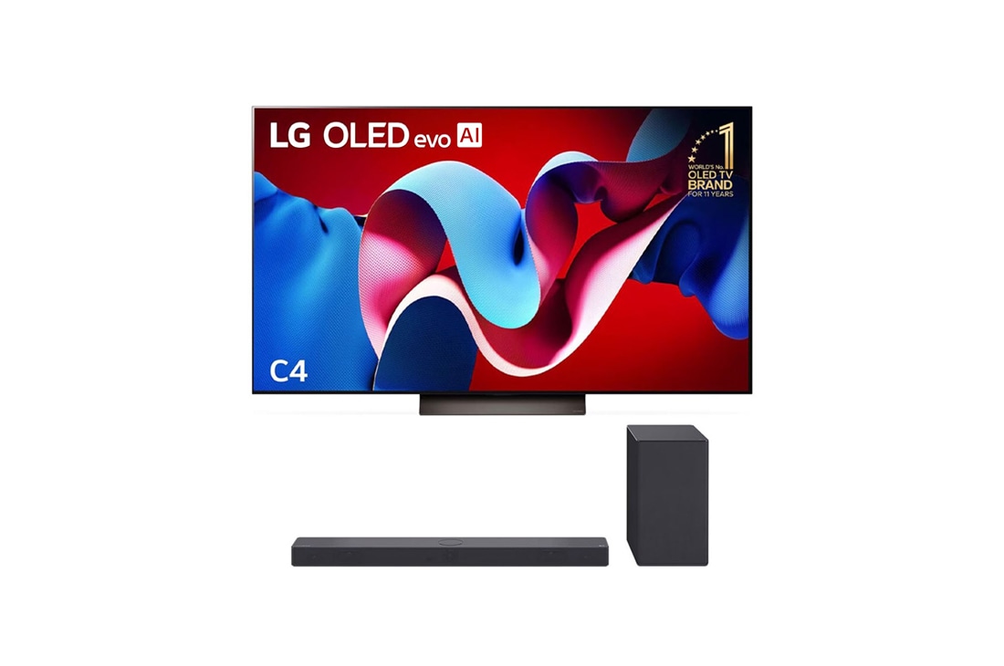 LG 77 inch LG OLED evo C4 4K Smart TV <br>& C Series Sound Bar SC9S, front view, OLED77C4PSA.SC9S