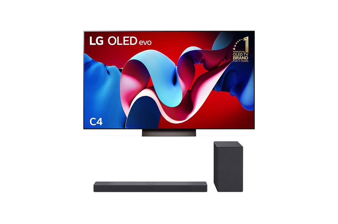 LG 65 inch LG OLED evo AI C4 4K Smart TV & C Series Sound Bar SC9S, front view, OLED65C4PSA.SC9S
