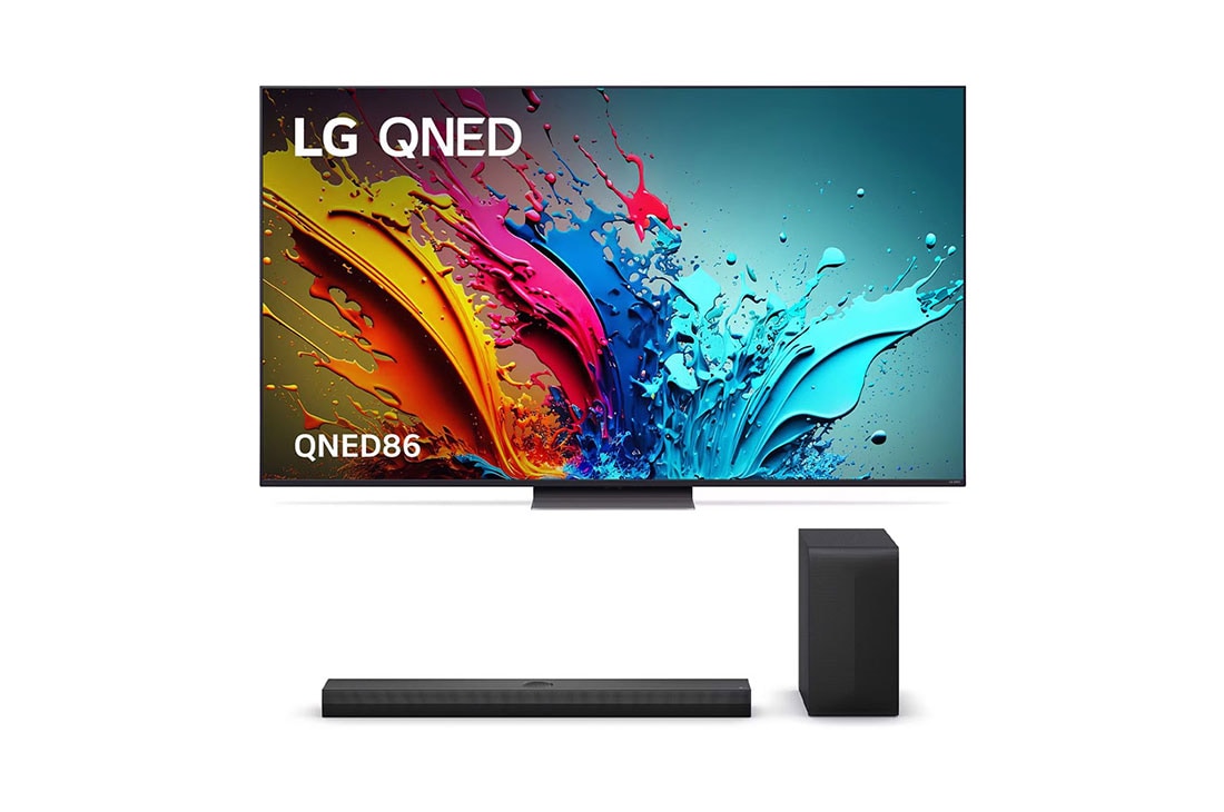 LG 86 inch LG QNED86 4K Smart TV & Q Series Sound Bar S70TY, front view, 86QNED86TSA.S70TY