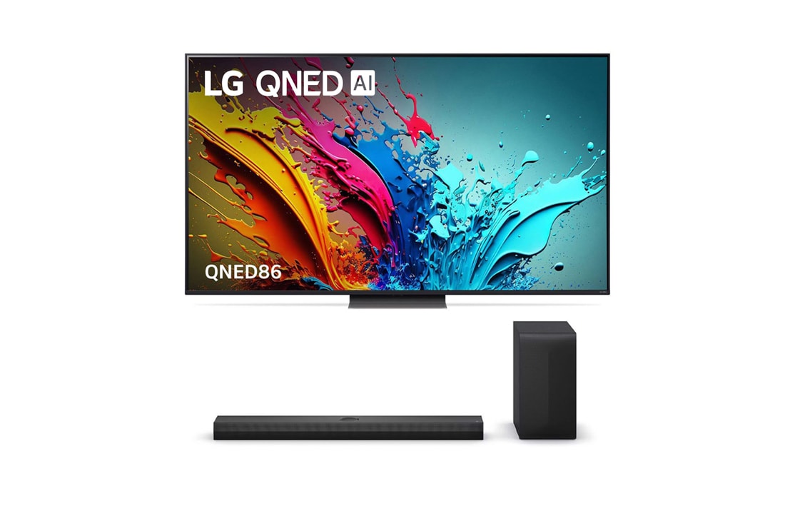 LG 75 inch LG QNED86 4K Smart TV & Q Series Sound Bar S70TY, front view, 75QNED86TSA.S70TY