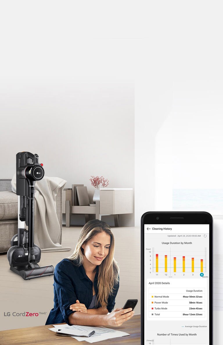 The vacuum in the charging stand is in a living room in the background with a woman looking at her phone in the foreground. An image of the phone screen shows the cleaning history of her product.