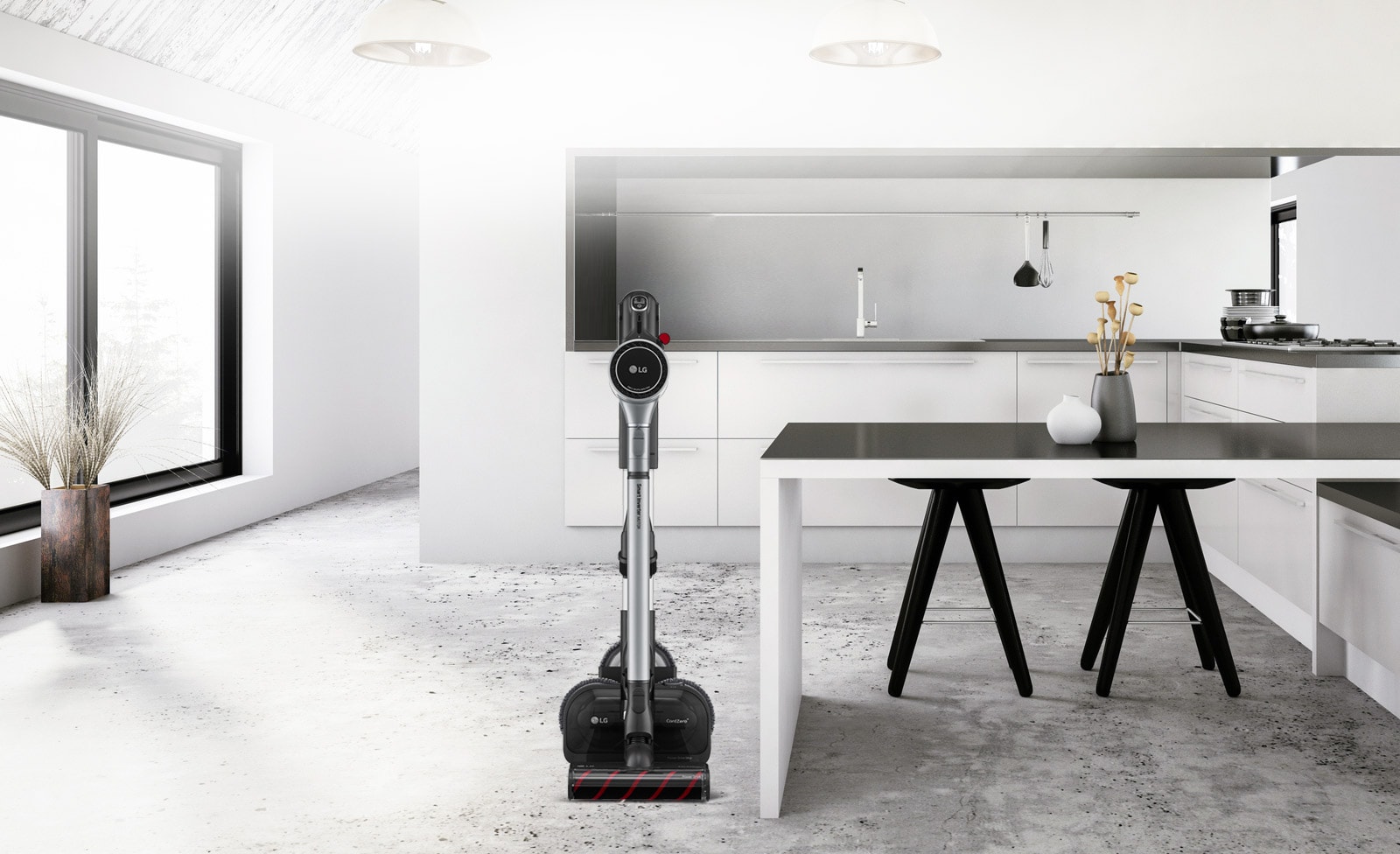 Three images show the vacuum cleaner in the charging stand in various locations: the first has the charging stand next to a couch, the second it is next to a desk, and the third it is next to a bed.