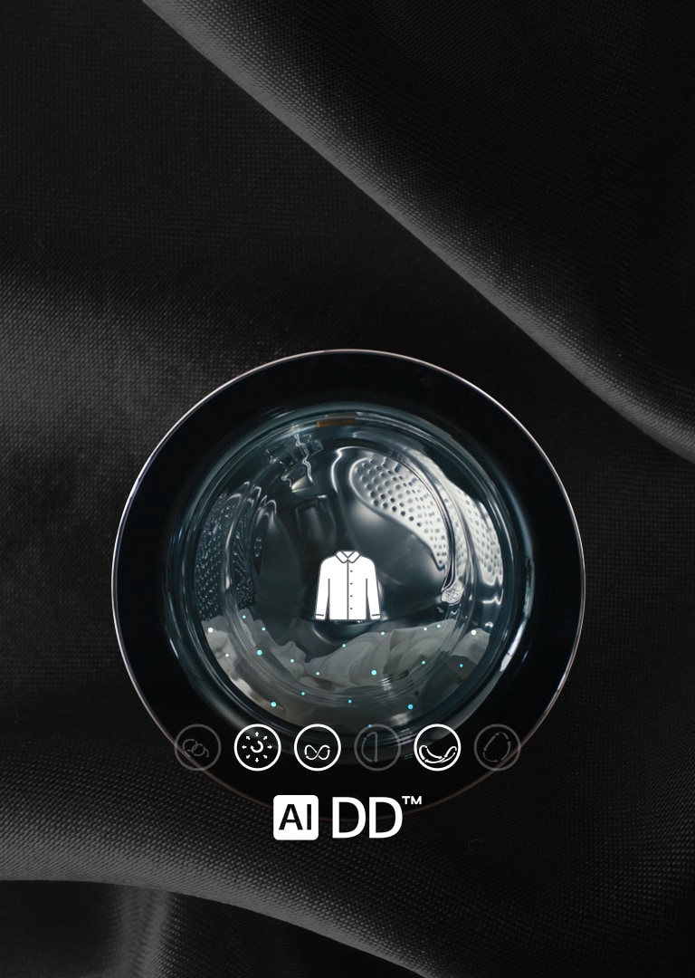 The front circular door of the machine is shown with water and clothing inside. A button up collared shirt icon is on the center of the door indicating what is inside. Beneath the door are 6 motion icons representing the various cycles and 3 are lit up. Beneath those icons is the AIDD logo.
