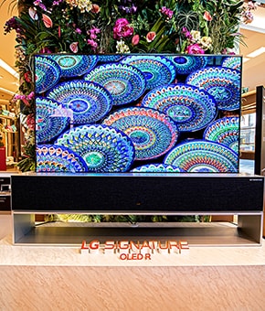 Rollable OLED TV R in front of a wall of flowers at the LG and BVLGARI collaboration.