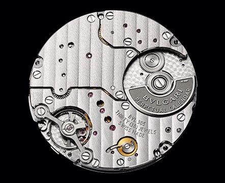 An image of the assembled components of a BVLGARI watch.
