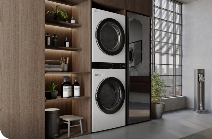 LG WashTower in a stylish laundry room, showcasing a sleek, space-saving stacked washer and dryer.