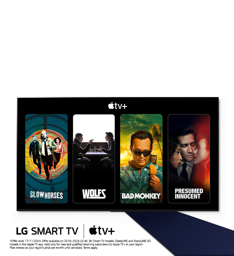 An image of LG OLED TV. Apple TV+'s contents is on the screen and the headline is 'Get three months of Apple TV+ free with LG Smart TVs.'