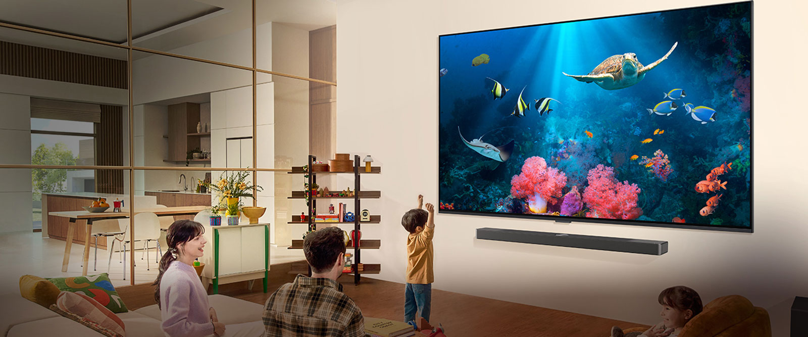 A family is watching a bright aquatic scene on a LG QNED TV with a LG Soundbar, in a bright and natural living space.